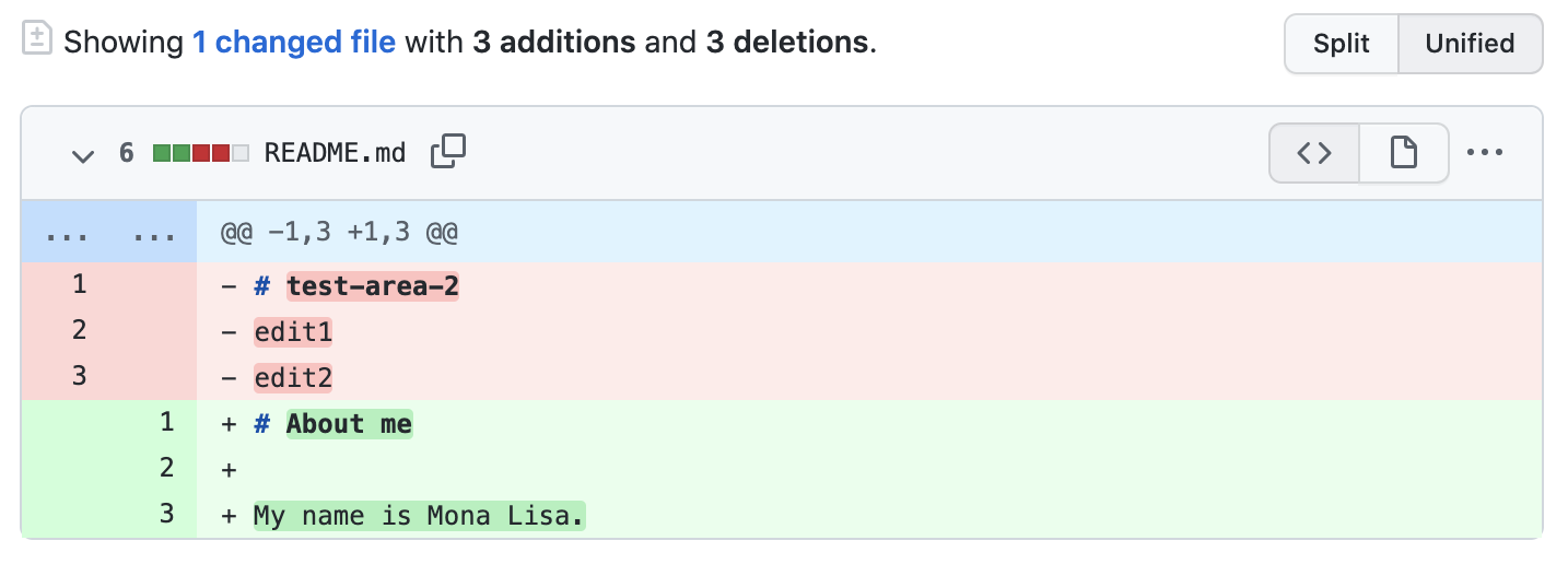 README.md 文件的差异的屏幕截图。 红色的 3 行列出了要删除的文本，绿色的 3 行列出了要添加的文本。
