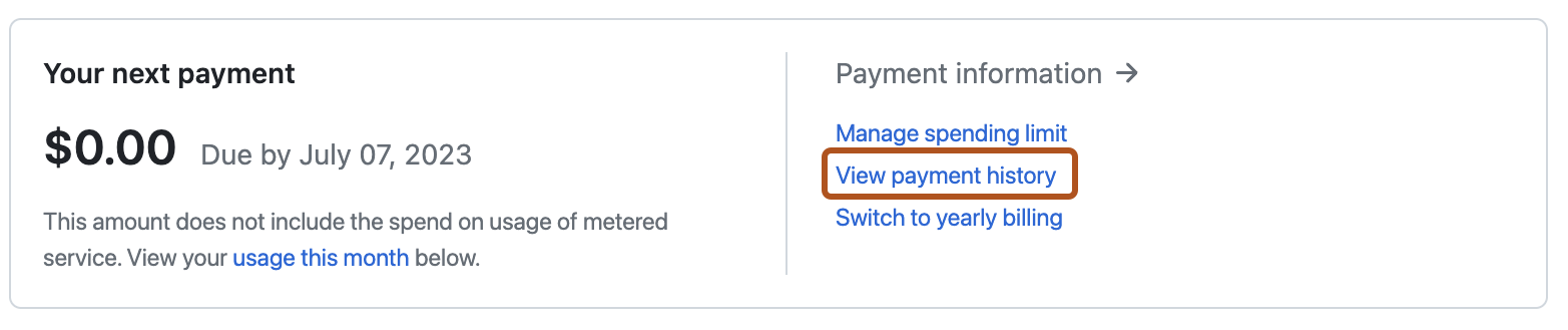 Screenshot of the top of the payment information settings page. Under "Payment information", the "View payment history" link is outlined in orange.