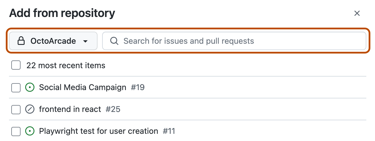 Captura de pantalla que muestra el formulario "Agregar desde el repositorio" La lista desplegable del repositorio y el campo de búsqueda se resaltan con un contorno naranja.