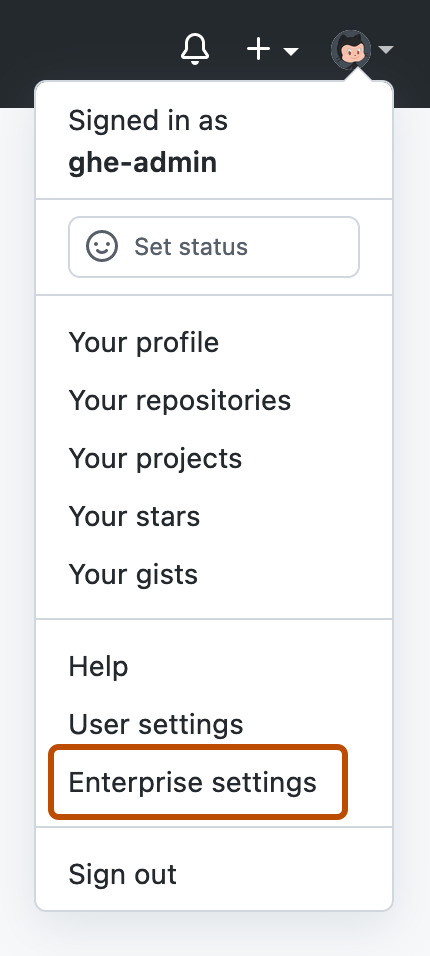 Screenshot des Dropdownmenüs, das angezeigt wird, wenn du in GitHub Enterprise Server auf das Profilfoto klickst. Die Option „Enterprise settings“ ist hervorgehoben.