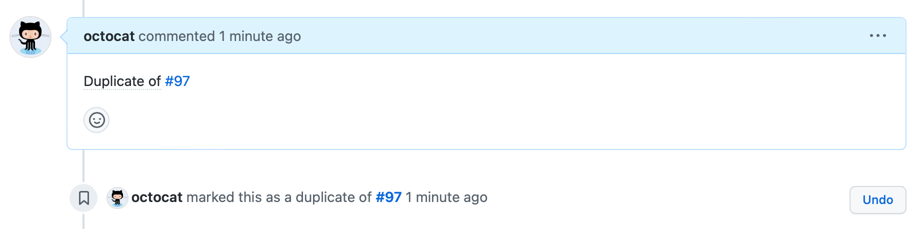 “#97의 중복”이라고 표시된 octocat의 주석과 “octocat이 #97의 중복으로 표시함”이라는 타임라인 이벤트가 있는 이슈 타임라인의 스크린샷