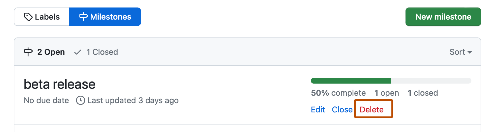 Screenshot of the list of milestones for a repository. Within the entry for the "beta release" milestone, a red "Delete" link is outlined in orange.