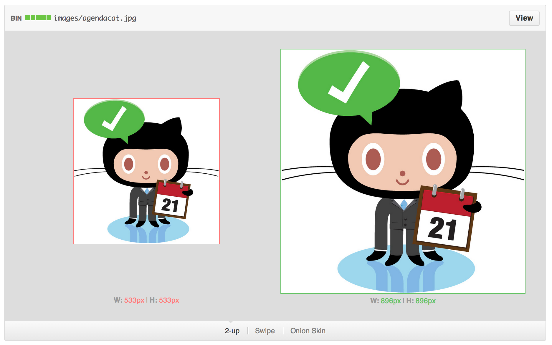 Screenshot of a diff for an image in 2-up mode. The larger image on the right is outlined in green. The image on the left is outlined in red.