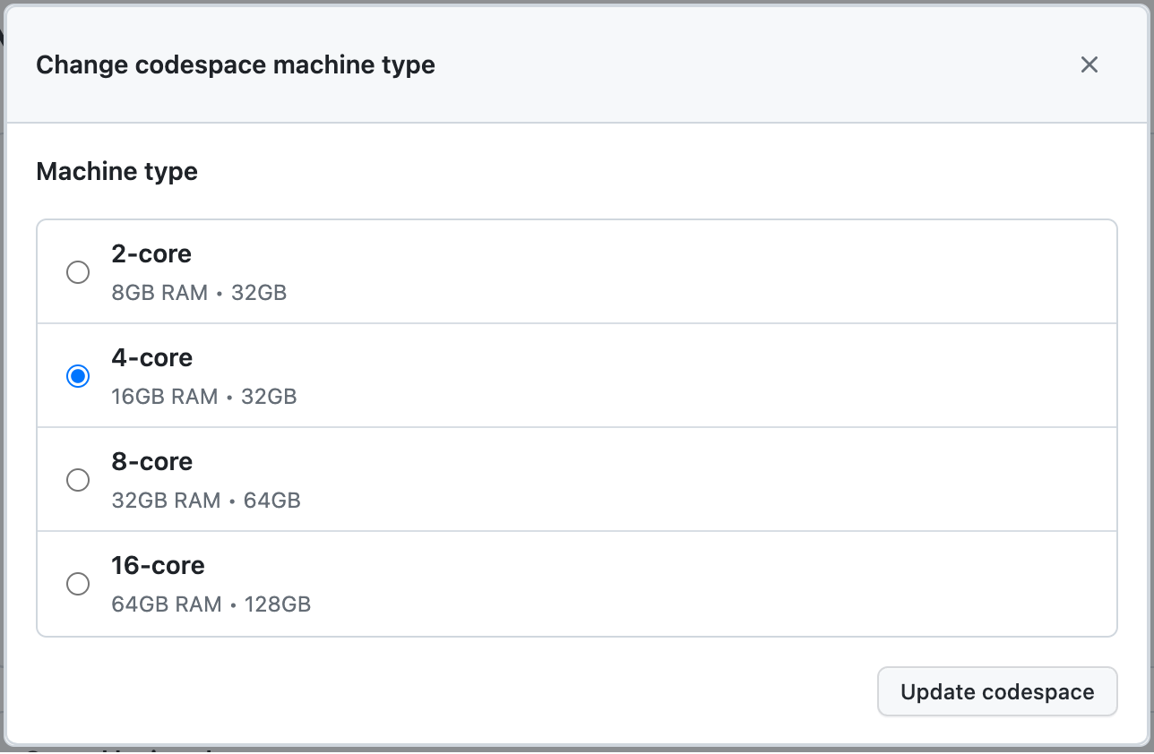 Screenshot of a dialog showing two available machine types: 2-core and 4-core.