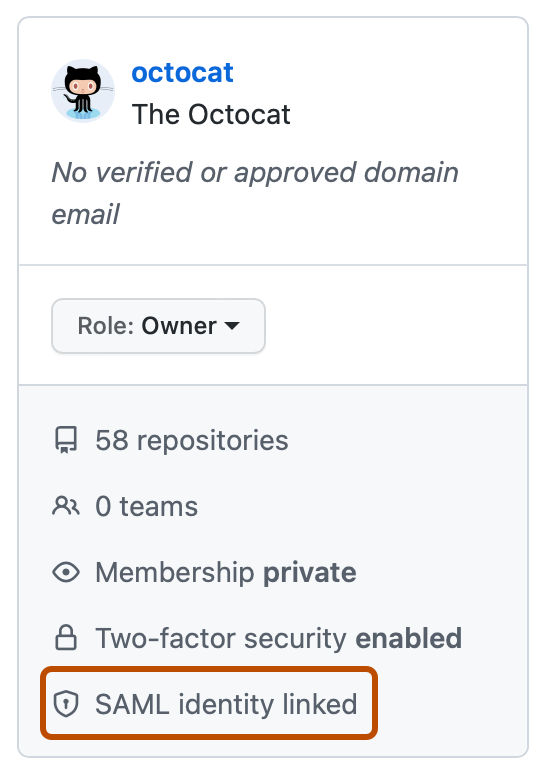 @octocat 的人员摘要的屏幕截图。 标记为“已链接 SAML 标识”的链接以橙色轮廓突出显示。
