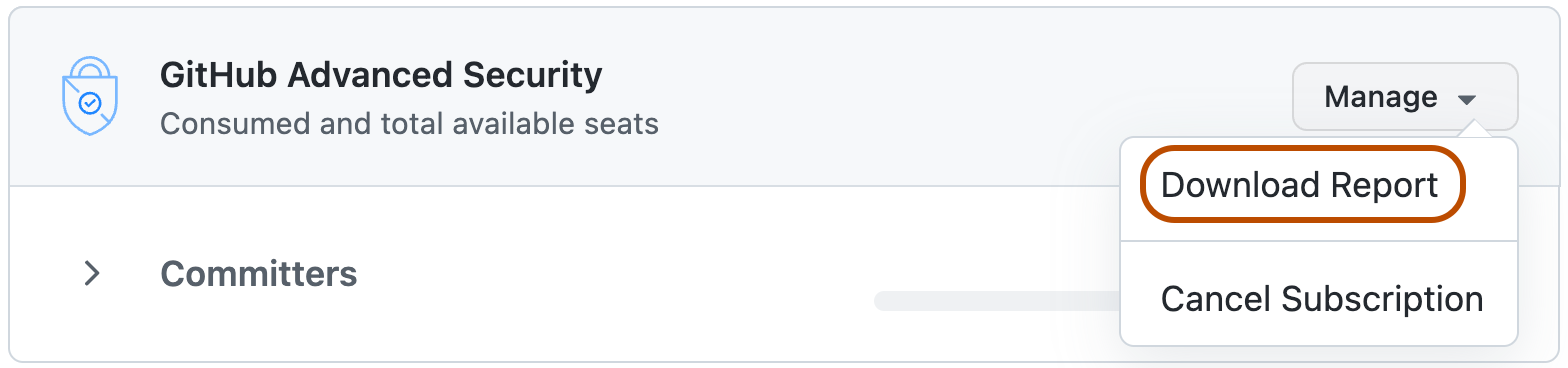 Captura de tela da lista suspensa "Gerenciar" na tela de licenciamento do GitHub Advanced Security. O botão "Download Report" está contornado em laranja.