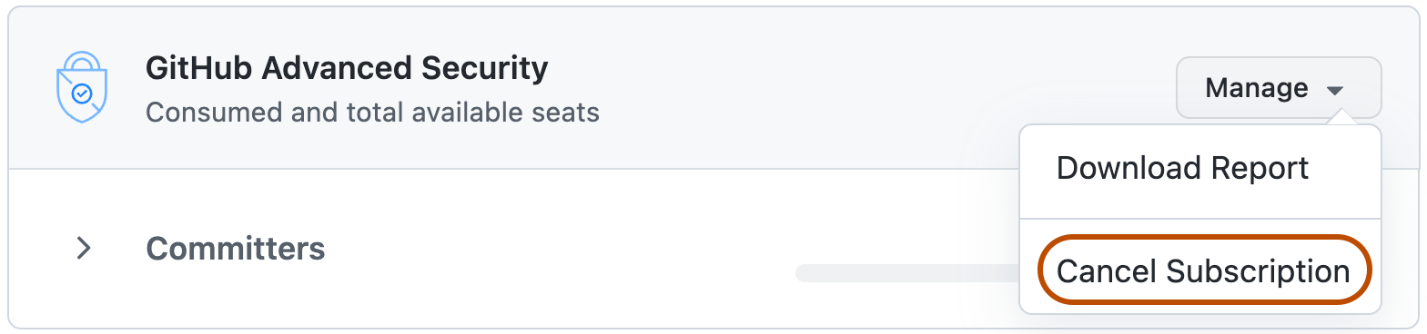GitHub Advanced Security 许可屏幕中“管理”下拉菜单的屏幕截图。 “Cancel Subscription”按钮以橙色框出。