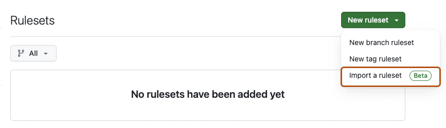 Screenshot of the page for repository rulesets. The "New ruleset" dropdown menu is expanded and the "Import a ruleset" option is outlined in orange.
