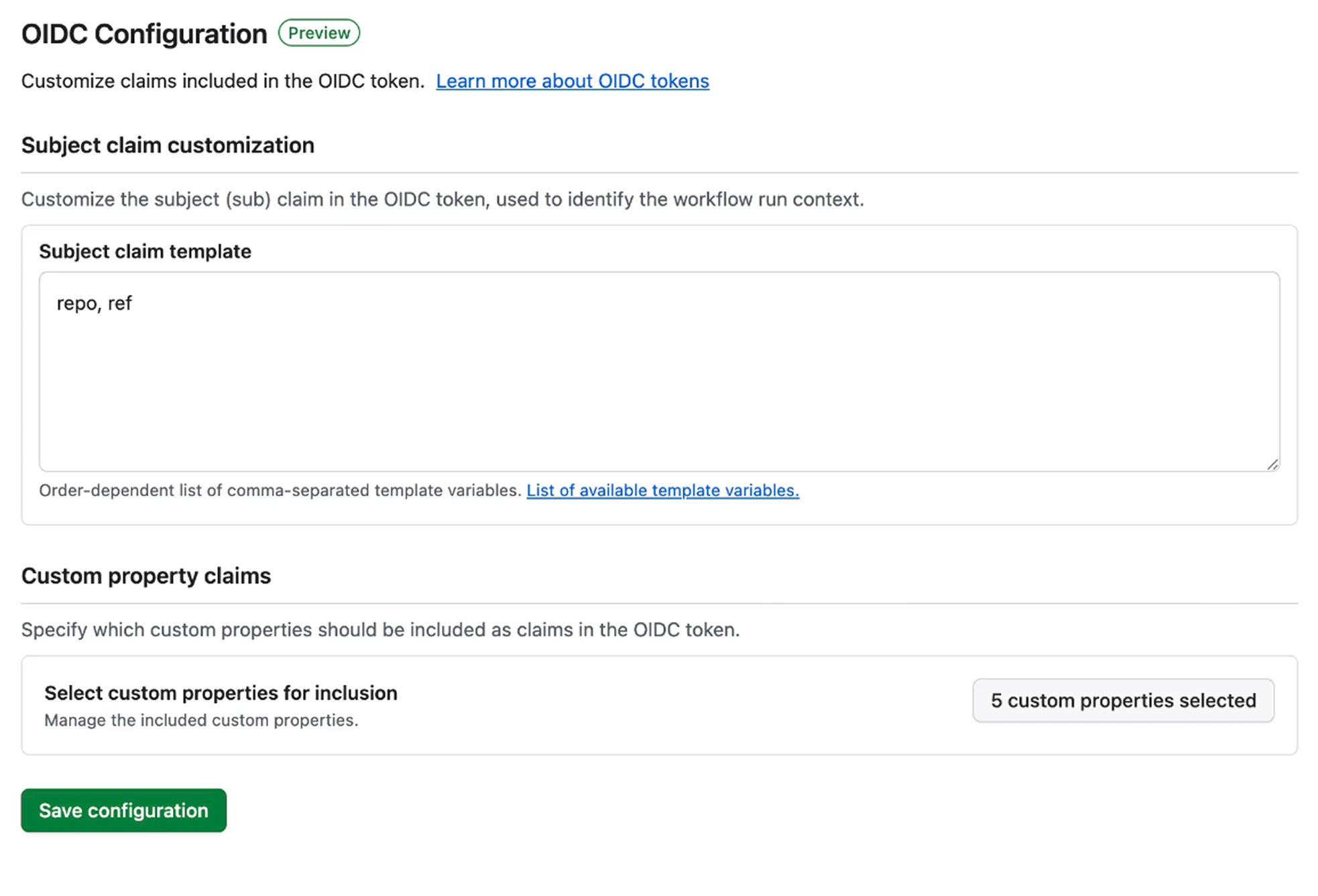 Screenshot of the OIDC settings for an organization or enterprise.