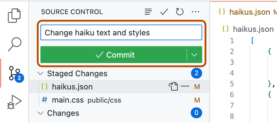 Screenshot of the "Source control" side bar. The commit message, "Change haiku text and styles," and the "Commit" button are outlined in orange.