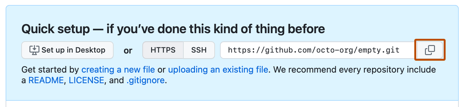 Recorte de pantalla de las notas de configuración rápida para un repositorio vacío. A la derecha de la dirección URL HTTPS del repositorio, hay un icono de copia resaltado en color naranja.