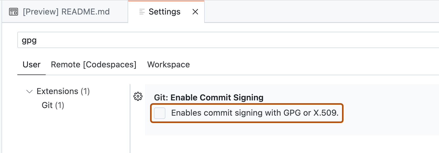 Screenshot of the "User" settings tab. A deselected checkbox, labeled "Enables commit signing with GPG or X.509," is outlined in orange.