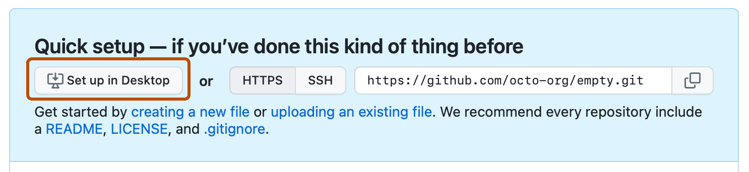 空のリポジトリに対するクイック セットアップ ノートのスクリーンショット。 [Set up in Desktop] ボタンが濃いオレンジ色の枠線で囲まれています。