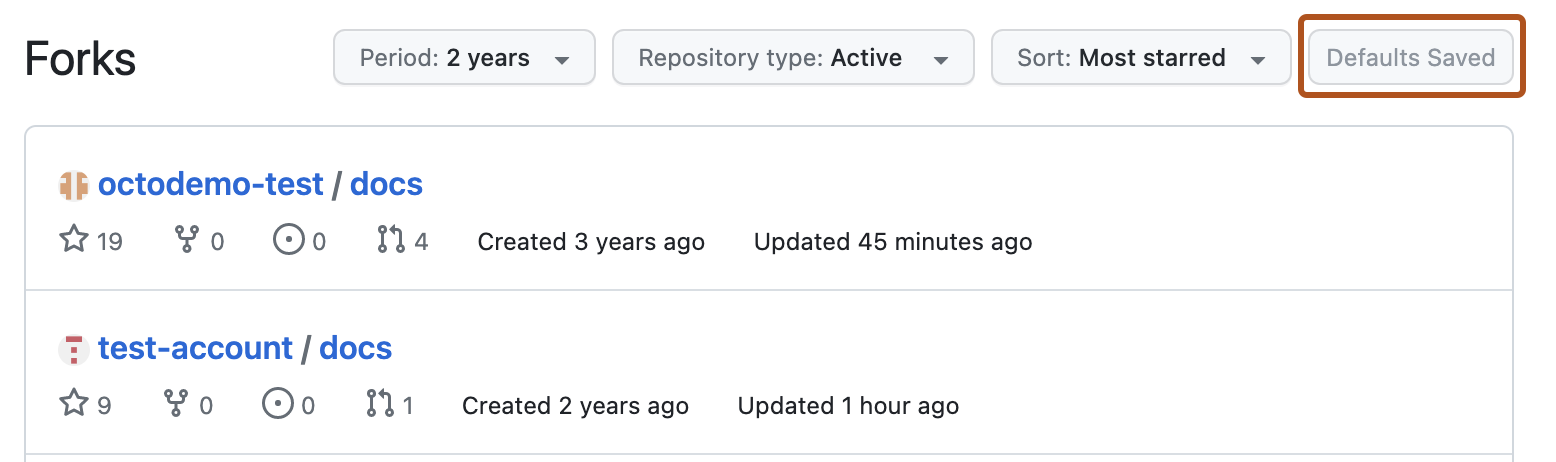 Screenshot of the forks page with filter and sort options shown. The "Defaults saved" button is disabled because the defaults are already saved.