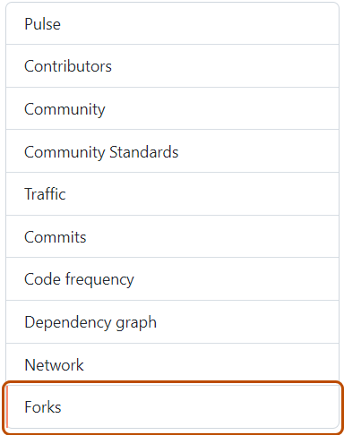 Screenshot der linken Seitenleiste, die Registerkarte „Forks“ ist dunkelorange umrandet.