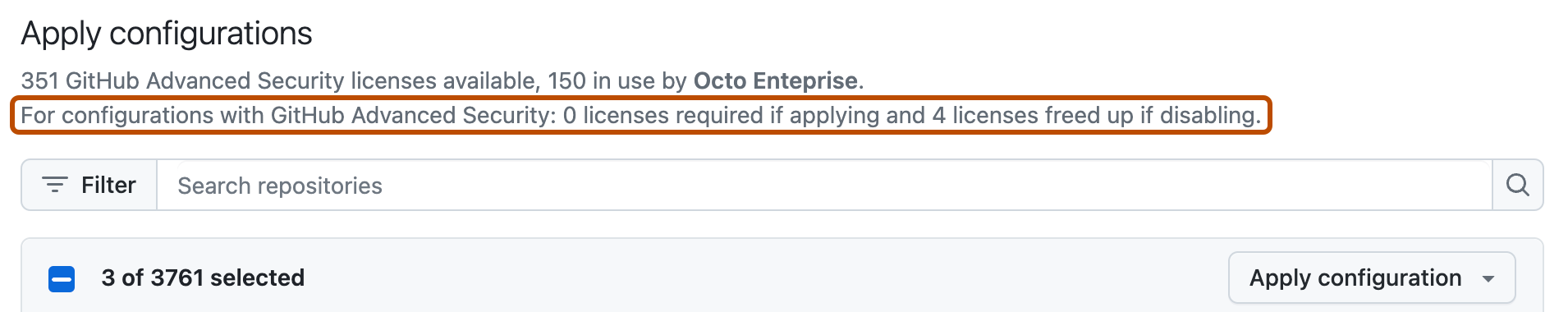 Screenshot of the "Apply configurations" section. The potential changes to GHAS license usage for the enterprise are outlined in dark orange.