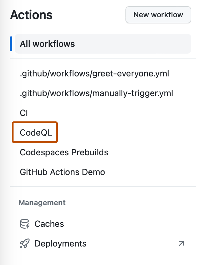 "작업" 탭의 왼쪽 사이드바 스크린샷. "CodeQL"이라는 워크플로가 진한 주황색 윤곽선으로 표시되어 있습니다.