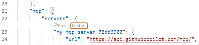 Screenshot of the MCP server restart button in the configuration file. The "Restart" button is outlined in dark orange.