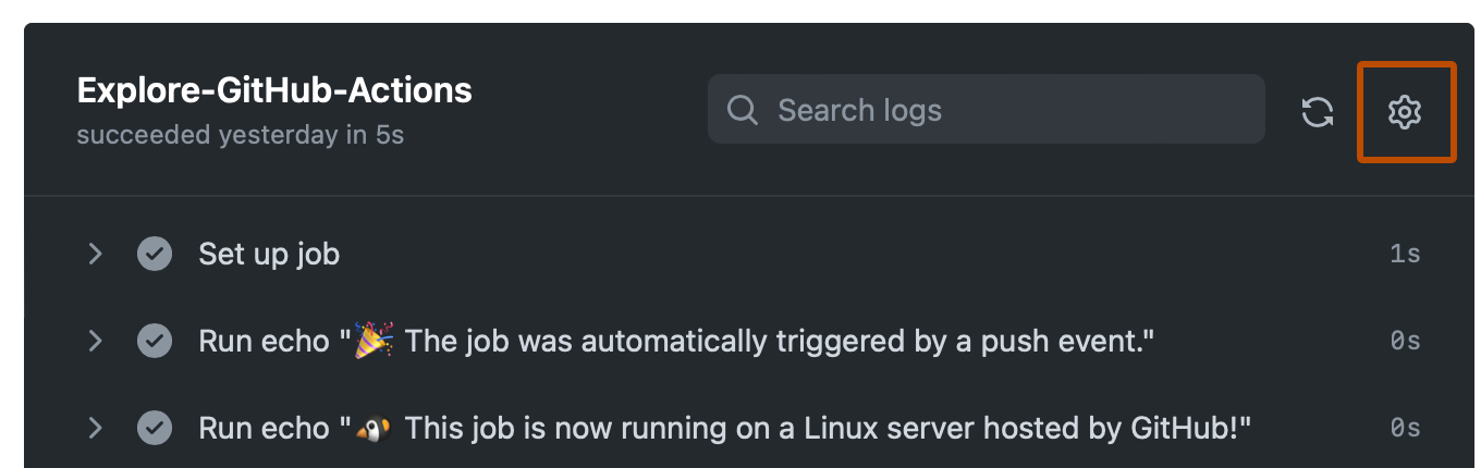 Screenshot of the log for a job. In the header, a gear icon is outlined in dark orange.