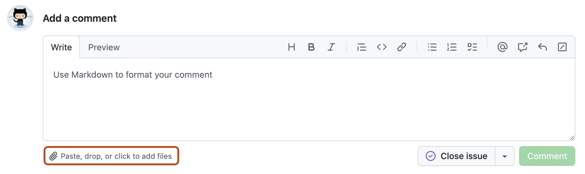 议题注释框的屏幕截图。 “附加文件”图标以橙色边框显示。