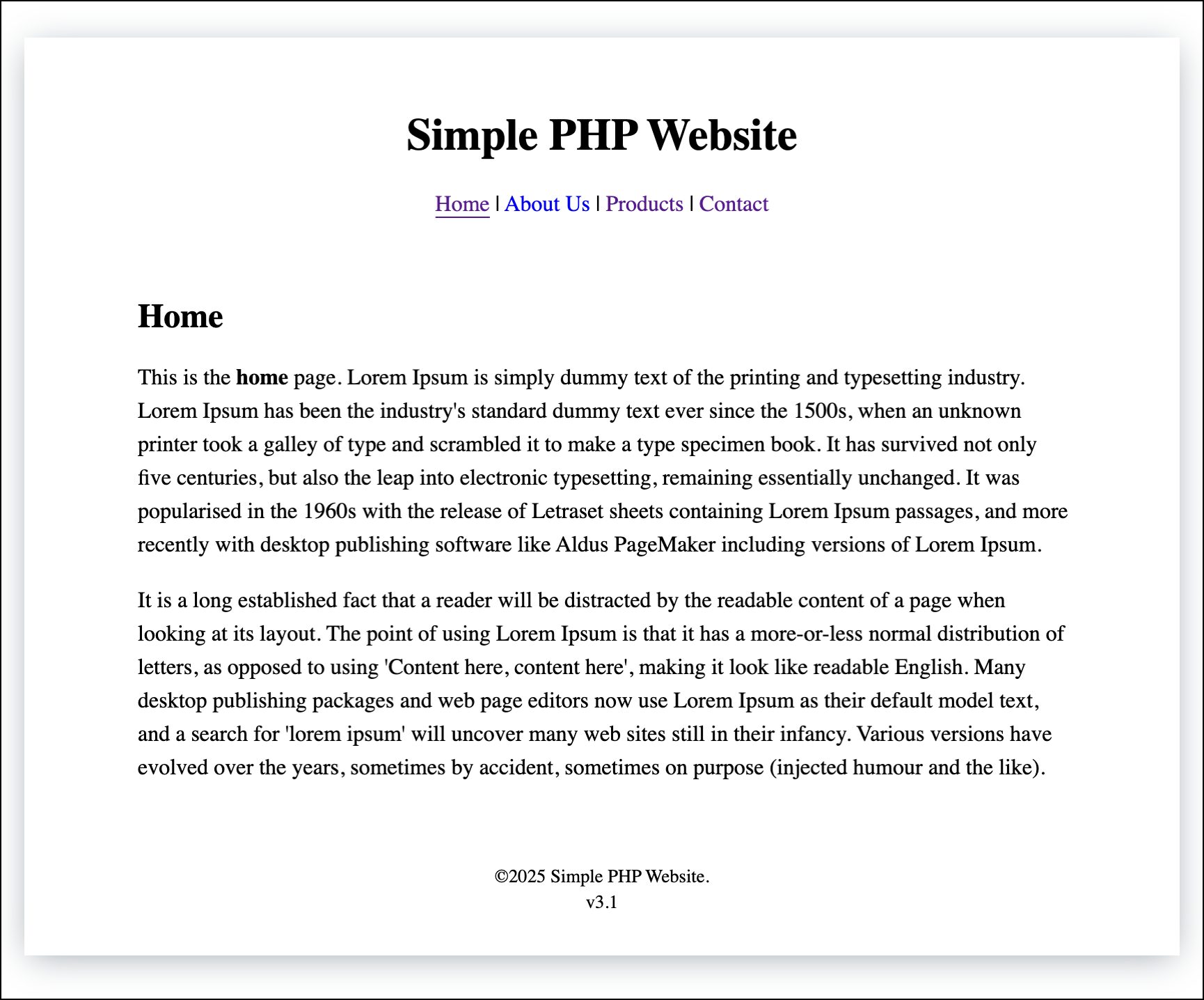 PHP から Python に移行する前の 'Simple PHP Website' のスクリーンショット。