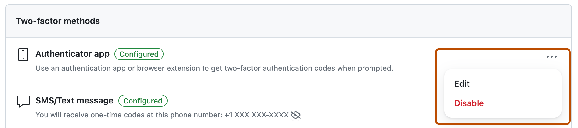 Captura de tela das configurações de "Métodos de dois fatores". À direita do "aplicativo Authenticator", o ícone de kebab está expandido e contornado em laranja.