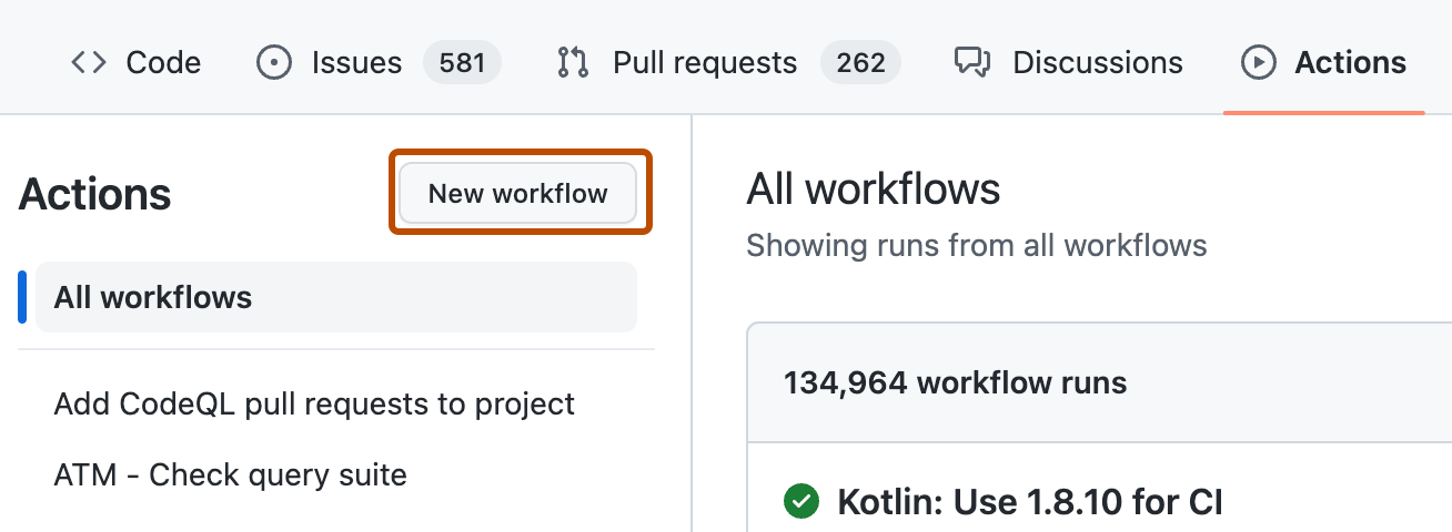 Screenshot der Registerkarte „Aktionen“ für ein Repository. Die Schaltfläche „Neuer Workflow“ ist dunkelorange hervorgehoben.