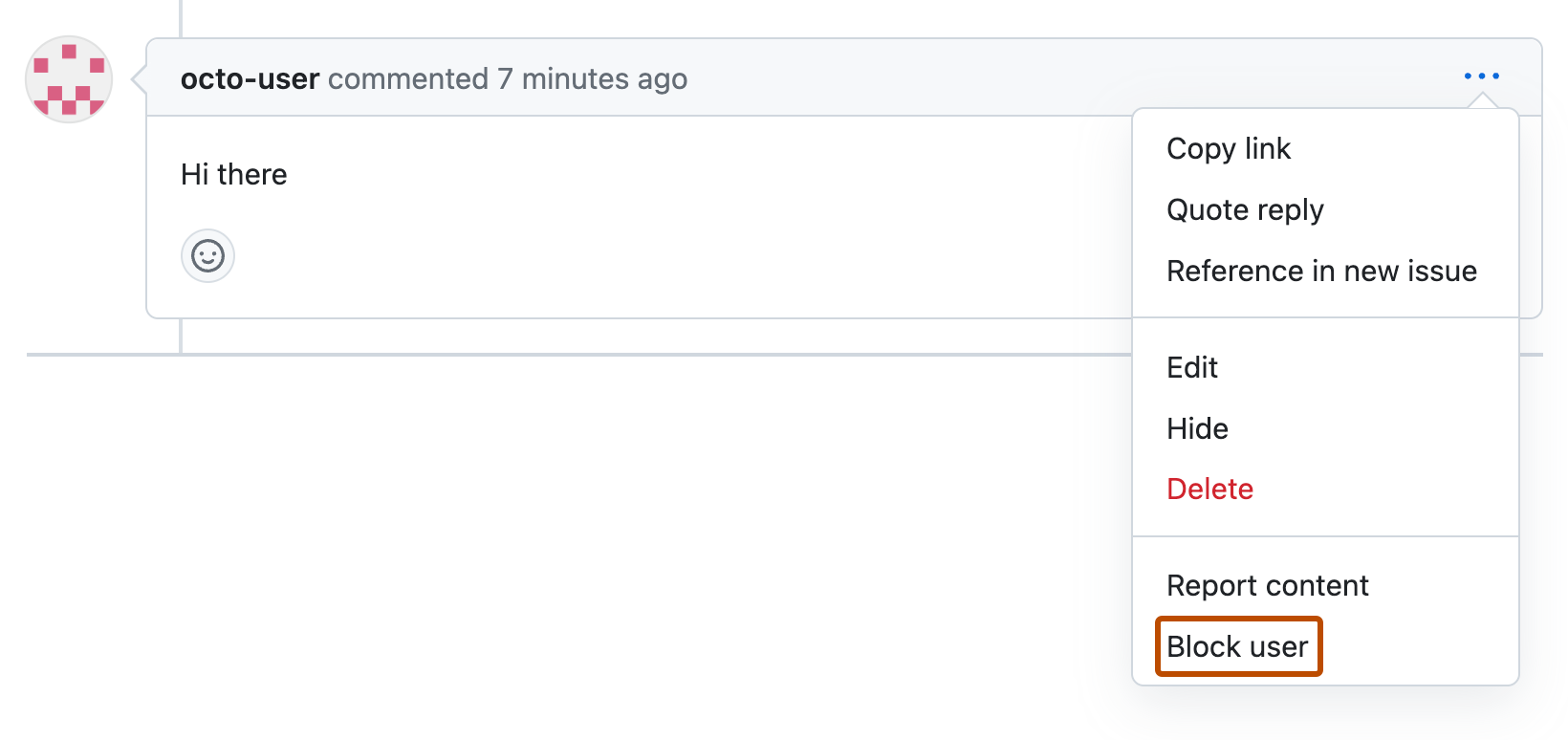 Screenshot eines Pull Request-Kommentars von octo-user. Unter einem Symbol mit drei Punkten wird ein Dropdownmenü erweitert, und „Block user“ ist orange umrandet.