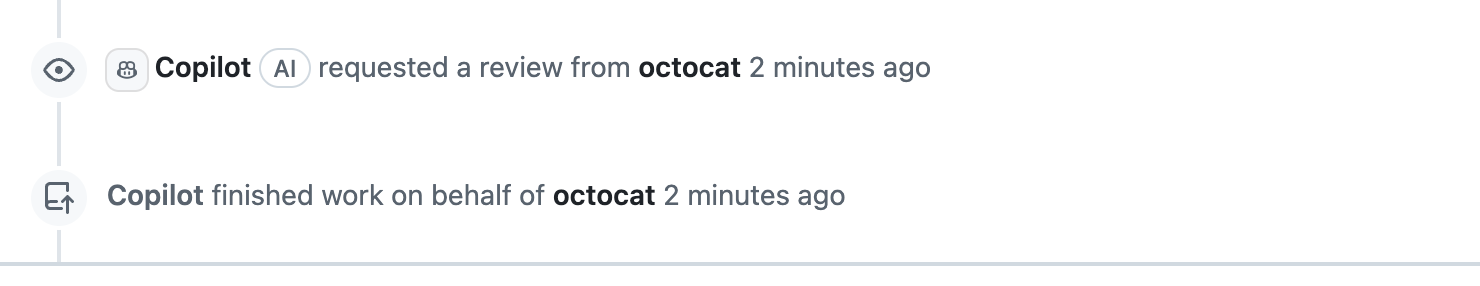 Screenshot of a pull request timeline with "Copilot requested review" and "Copilot finished work" events.