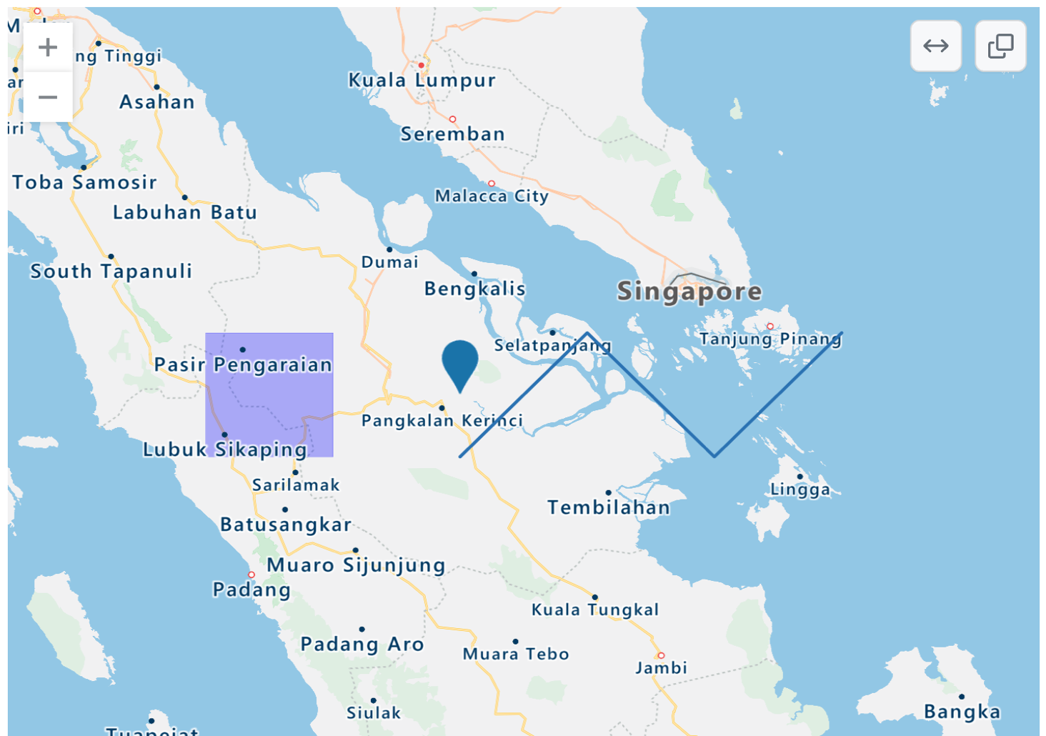 Captura de pantalla de un mapa TopoJSON representado de Indonesia, Singapur y Malasia con un punto azul, una superposición rectangular púrpura y líneas azules en zigzag.