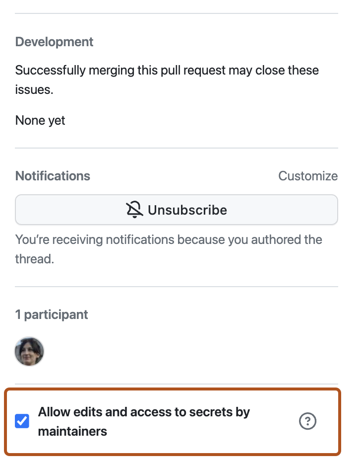 Screenshot of a pull request. On the bottom right, the "Allow edits and access to secrets by maintainers" checkbox is enabled and outlined in orange.