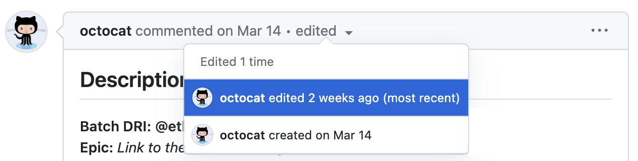 Screenshot of a GitHub comment showing a dropdown menu open to display previous edits of the comment.