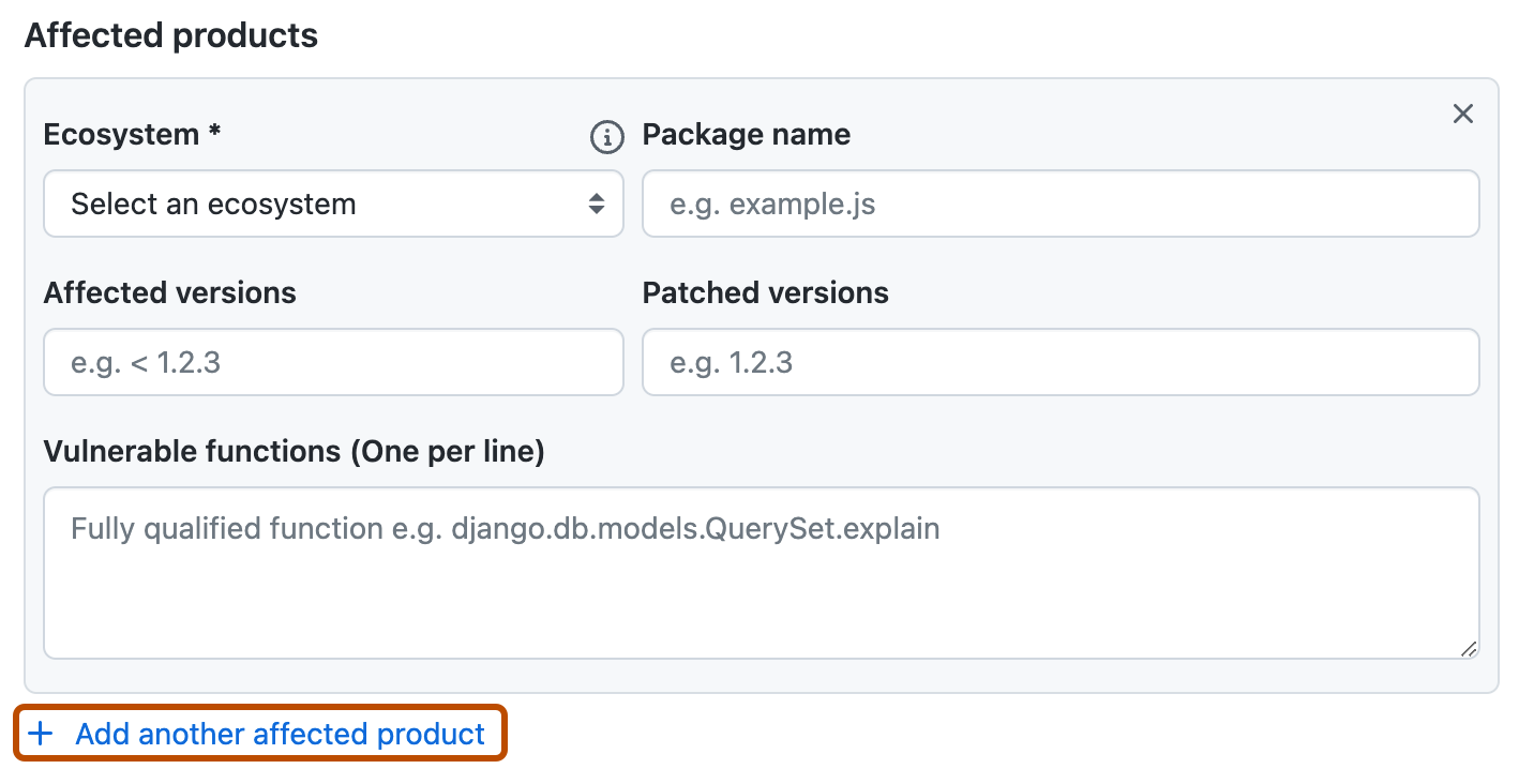 Screenshot of the "Affected products" area of the security advisory form. The "Add another affected product" link is outlined in dark orange.