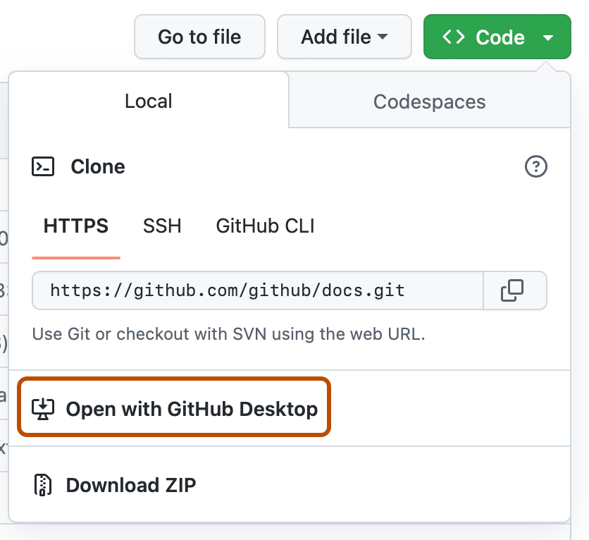 リポジトリの [コード] ドロップダウンのスクリーンショット。 "GitHub Desktop で開く" というラベルの付いたボタンが、濃いオレンジ色の枠線で囲まれています。