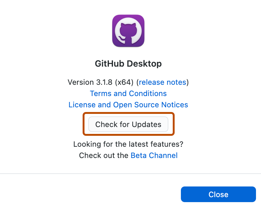 Screenshot of the "GitHub Desktop" window. Under version details and links to external resources, a "Check for Updates" button is outlined in orange.