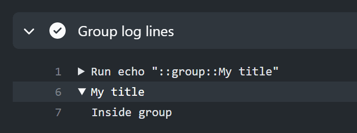 Captura de tela do log da etapa de fluxo de trabalho. A segunda linha, "My title", é um grupo expandido. A próxima linha, "Dentro do grupo", é recuada abaixo.