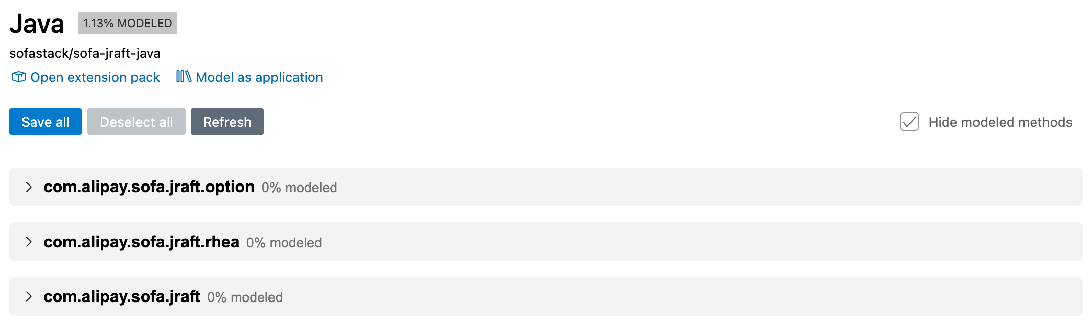 Screenshot of the "Dependency mode" view showing three of the packages published by the "sofa-jraft" codebase.