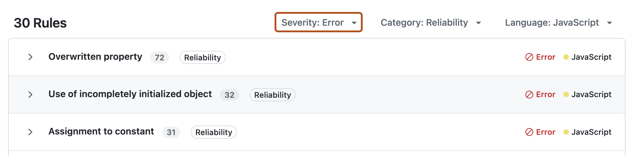 Screenshot showing the dashboard filters for the "Standard findings" view.