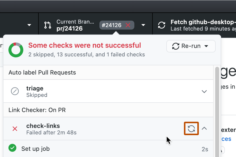 Screenshot of a dropdown view from a pull request label. The cursor hovers over a check. An icon of two arrows forming a circle is outlined in orange.