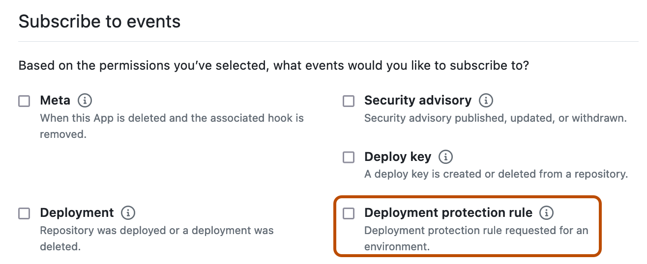 新しい GitHub App の [Subscribe to events] セクションのスクリーンショット。 [Deployment protection rule] のチェックボックスが、オレンジ色の枠線で囲まれています。