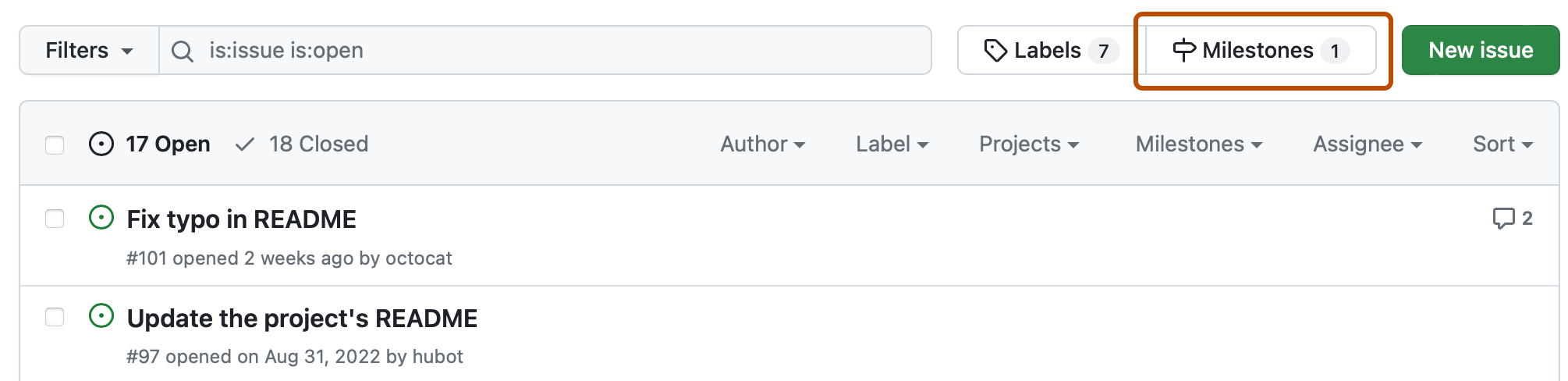 리포지토리 문제 목록의 스크린샷. 목록 위에 있는 표지판 아이콘과 "Milestones" 레이블이 지정된 단추가 주황색으로 표시됩니다.