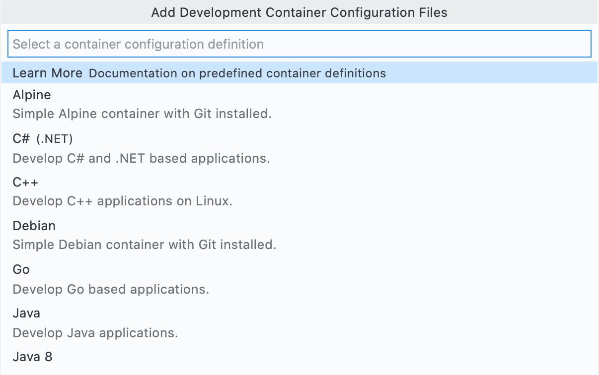 Screenshot of the "Add Development Container Configuration Files" menu showing options such as "Alpine," "C# (.NET)," "C++," and "Debian."