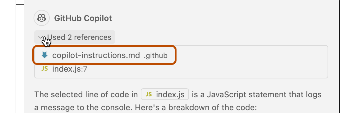 Screenshot of an expanded References list, showing the 'copilot-instructions.md' file highlighted with a dark orange outline.