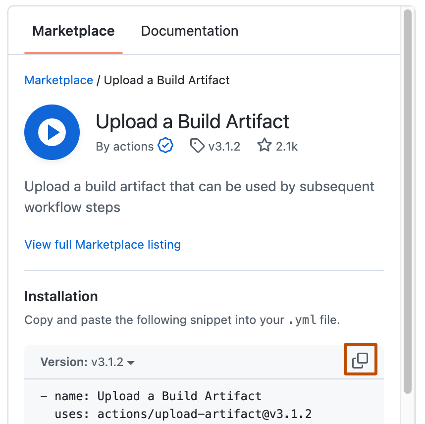 Screenshot of the marketplace listing for an action. The "Copy to clipboard" icon for the action is highlighted with a dark orange outline.