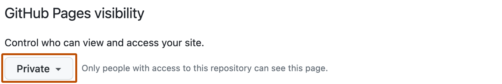 リポジトリの Pages の設定のスクリーンショット。 現在は [Private] に設定されている可視性ドロップダウンが、濃いオレンジ色の枠線で囲まれています。