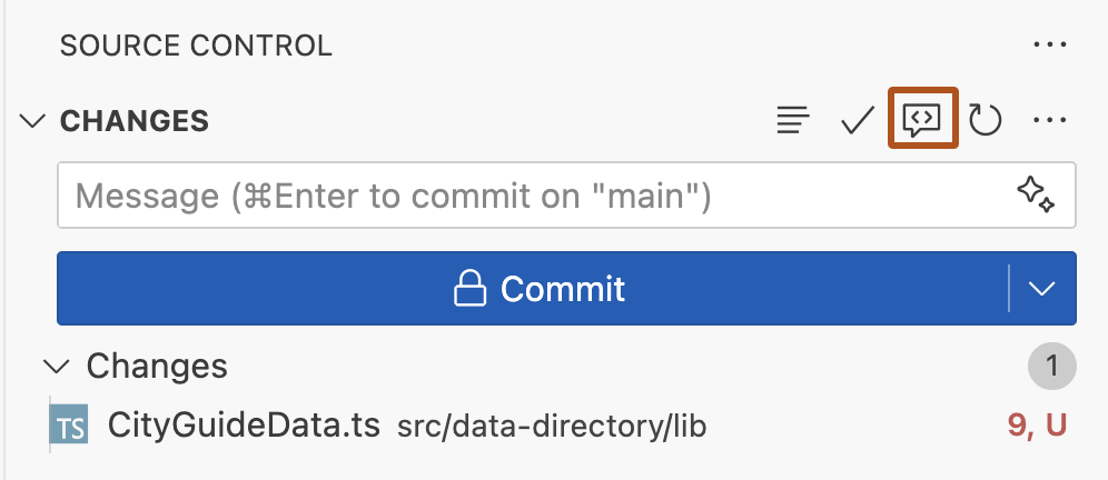 Visual Studio Code 中的“Copilot 代码评审 - 更改”按钮的屏幕截图。 代码评审按钮用深橙色框标出。