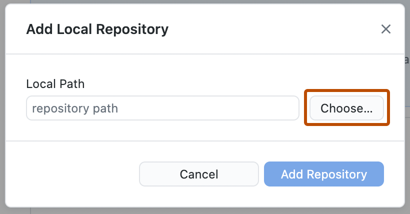 Screenshot of the "Add Local Repository" window. Next to the "repository path" field, a button, labeled "Choose", is outlined in orange.