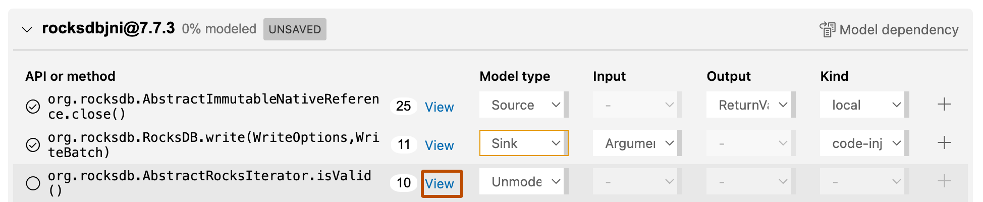 Screenshot of  "Application mode" showing the calls to the "rocksdbjni" framework. The "View" option for the first call is outlined in orange.