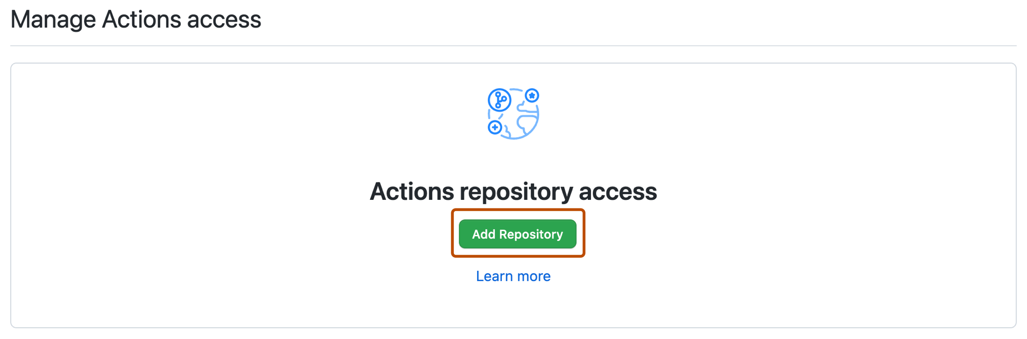 パッケージ設定ページの [Actions のアクセスの管理] セクションのスクリーンショット。 [リポジトリの追加] ボタンがオレンジ色の枠線で強調されています。