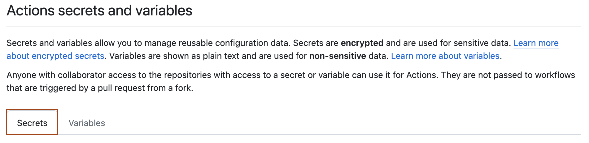 Screenshot of the "Actions secrets and variables" page. The "Secrets" tab is outlined in dark orange.